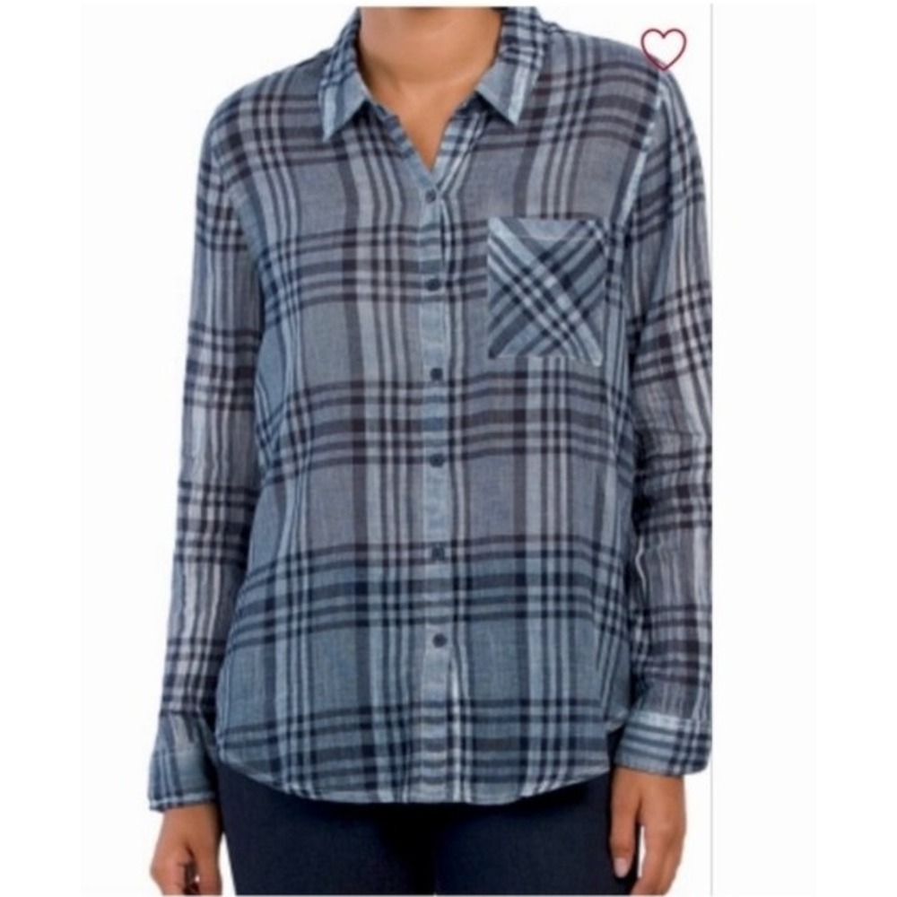 Lucky Brand gauzy Cotton blue plaid long sleeve button down shirt Women SZ L